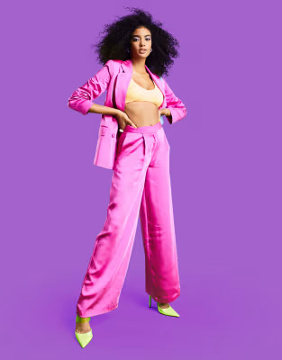 ASOS DESIGN wide satin suit pants in pink | ASOS | ASOS (Global)