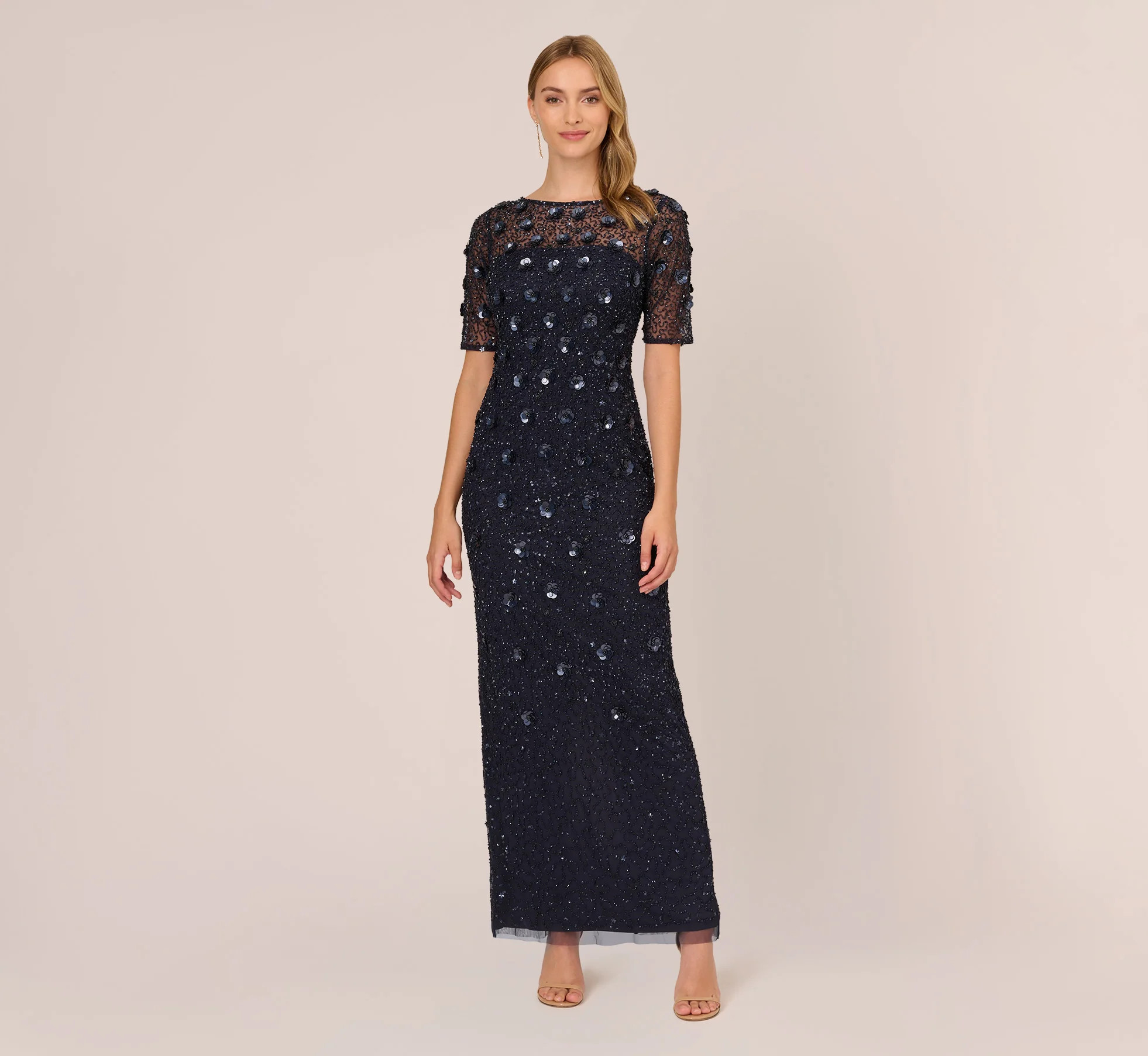 Long Hand Beaded 3D Floral Dress With Elbow Sleeves In Dusty Navy | Adrianna Papell