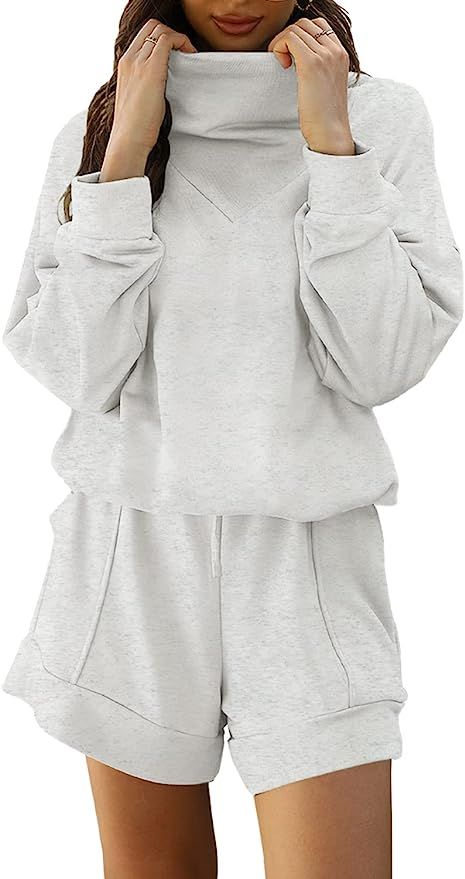 DEEP SELF Outfits for Women 2 Piece Sets Casual Long Sleeve Cowl Neck Sweatshirt and Shorts Pajam... | Amazon (US)