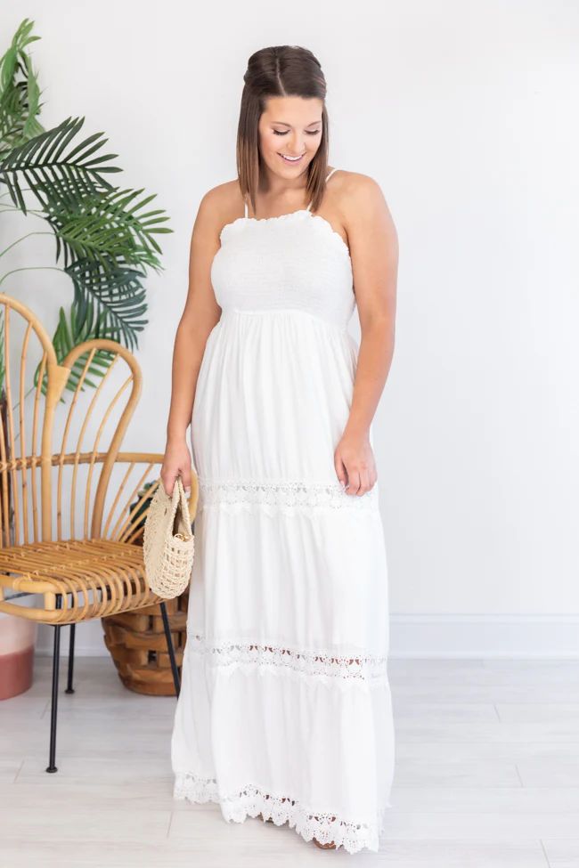 A Daily Reminder Smocked Lace White Maxi Dress | Pink Lily