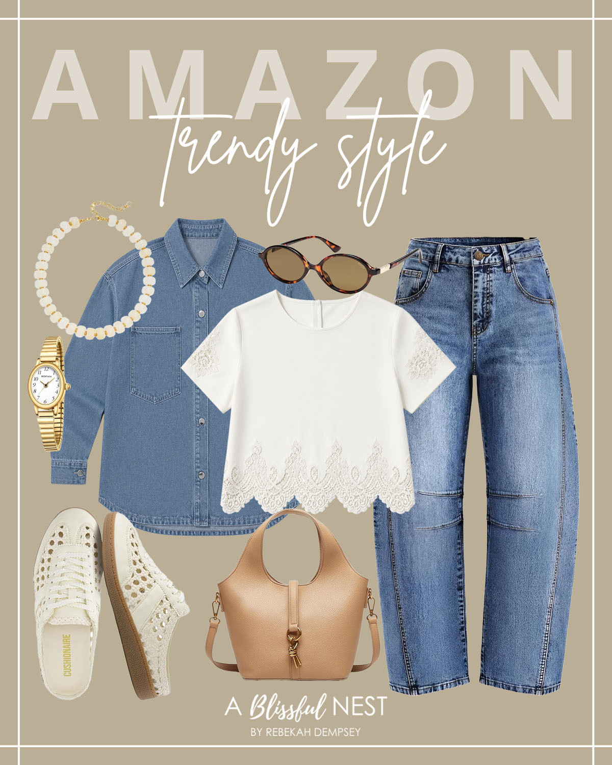 Easy Amazon fashion finds that make getting dressed so simple. Tap to shop.

Beaded necklace, gold watch, denim button-up shirt, tortoise sunglasses, white lace trim top, straight leg jeans, woven sneakers, and tan leather tote bag. 

 #LTKootd #LTKMidsize