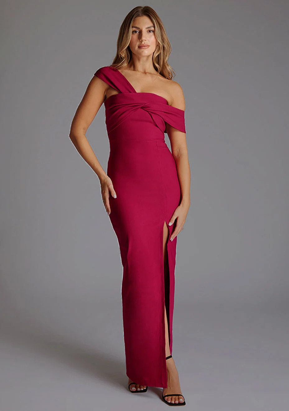 Winslow | Bardot Raspberry Maxi Dress With Thigh Split | VSPR US