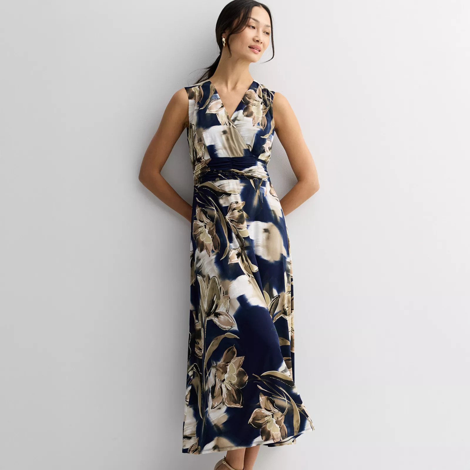 Women's Sandra Darren Ruched Floral Dress, Size: XXL, Navy Brown | Kohl's