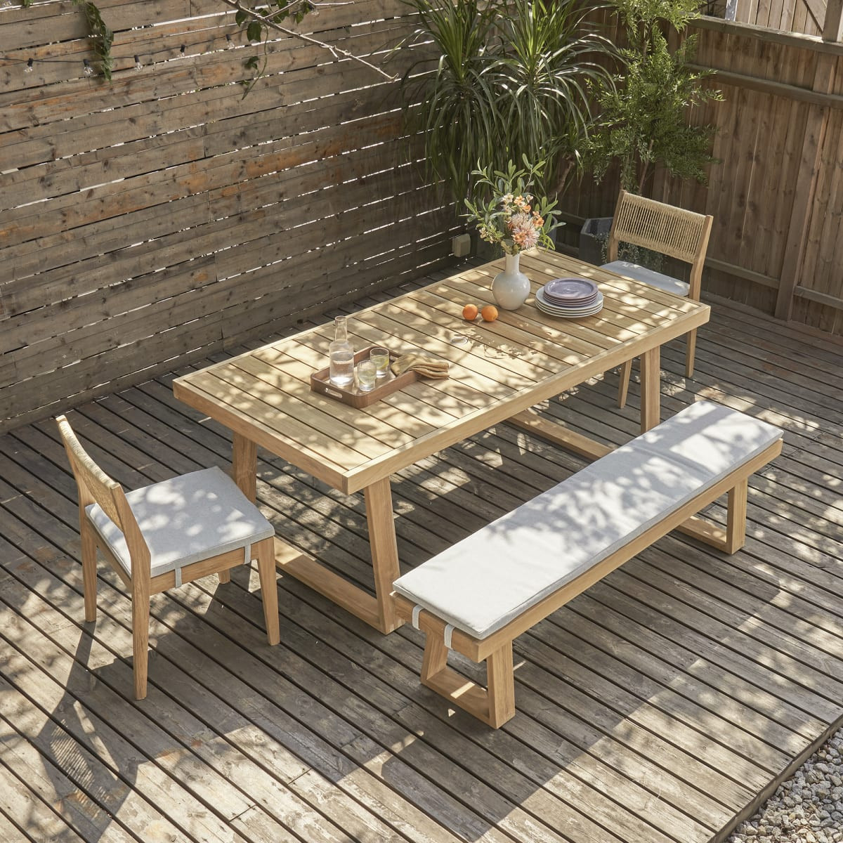 Castlery - Small Teak Outdoor Dining Table Set - 2 Chairs and Bench - Beige - Yellow | Castlery US