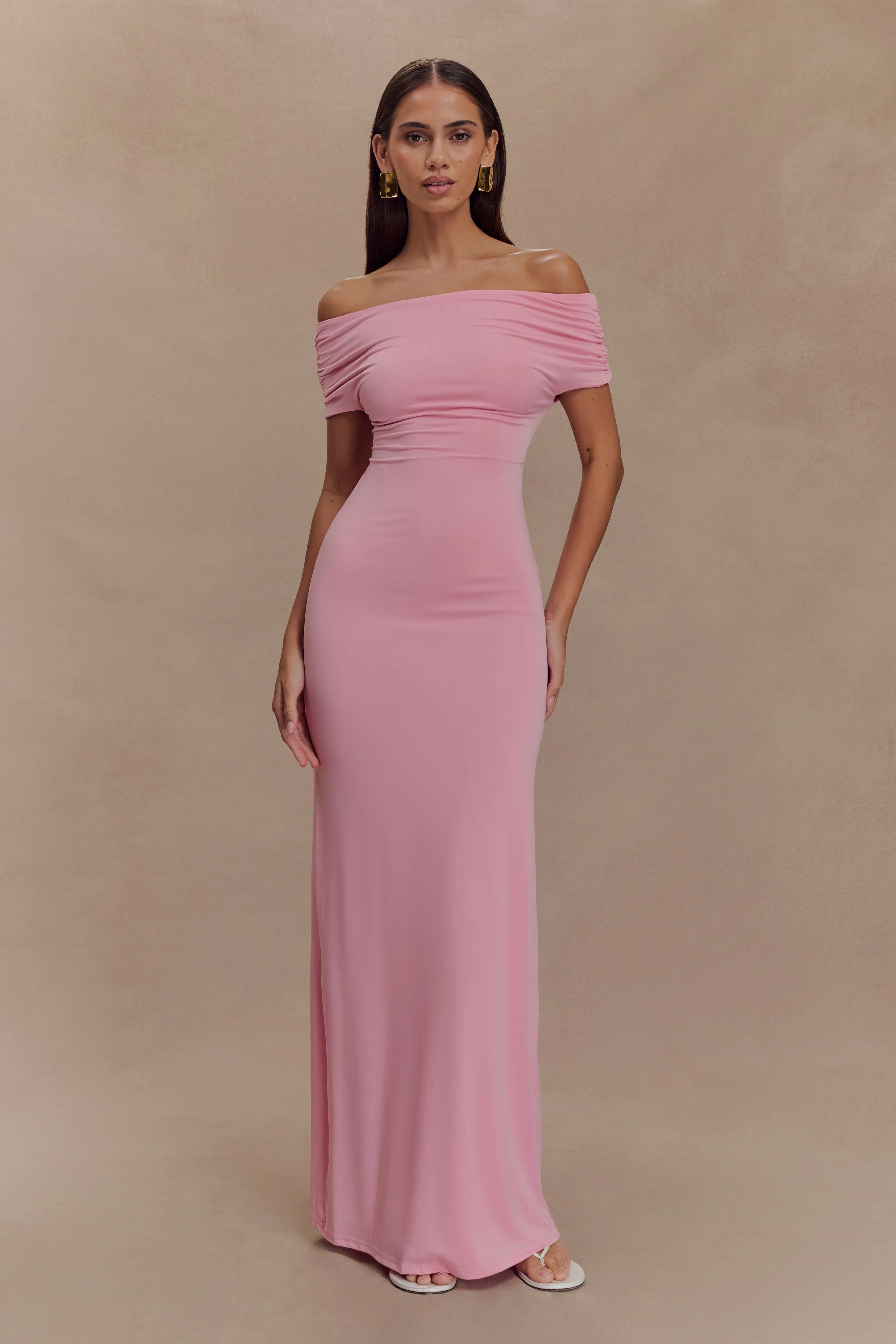 Imogen Off Shoulder Slinky Maxi Dress - Candy Pink | MESHKI US