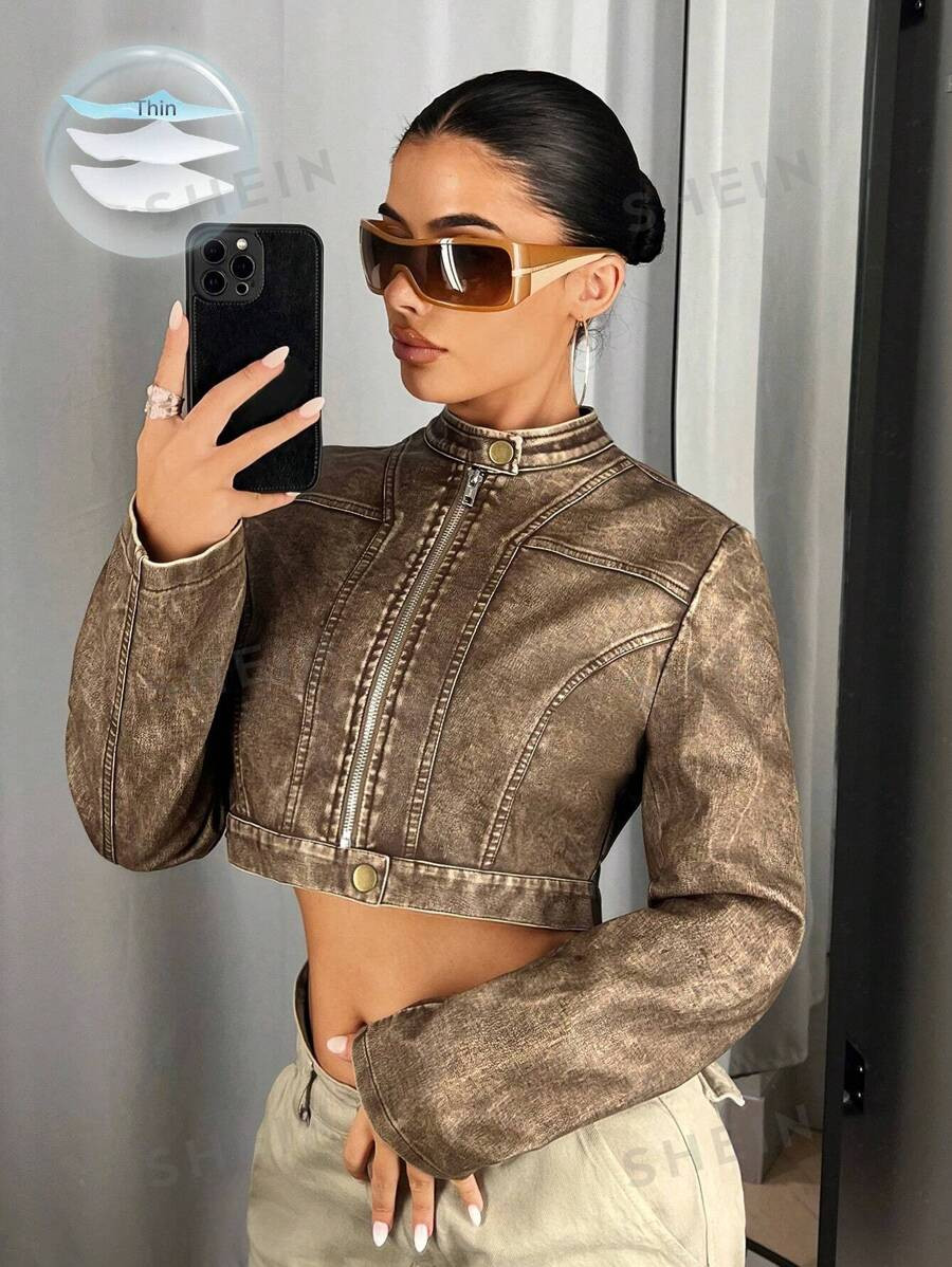 SHEIN ICON Women's Zippered Cropped Fall Clothes Women Jacket,Ladies Late Fall Casual Zipper Regu... | SHEIN