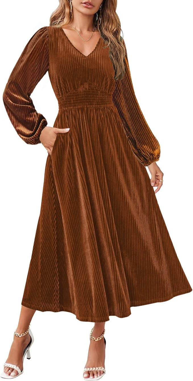 ZESICA Women's Velvet Midi Dress 2026 Casual V Neck Long Sleeve Solid Color Elastic High Waist Fl... | Amazon (US)