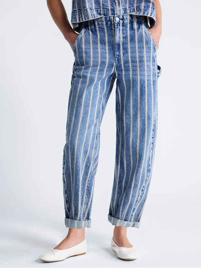 Free Assembly Women's Striped High Rise Cropped Barrel Jeans, 26" Inseam, Sizes 0-16 | Walmart (US)
