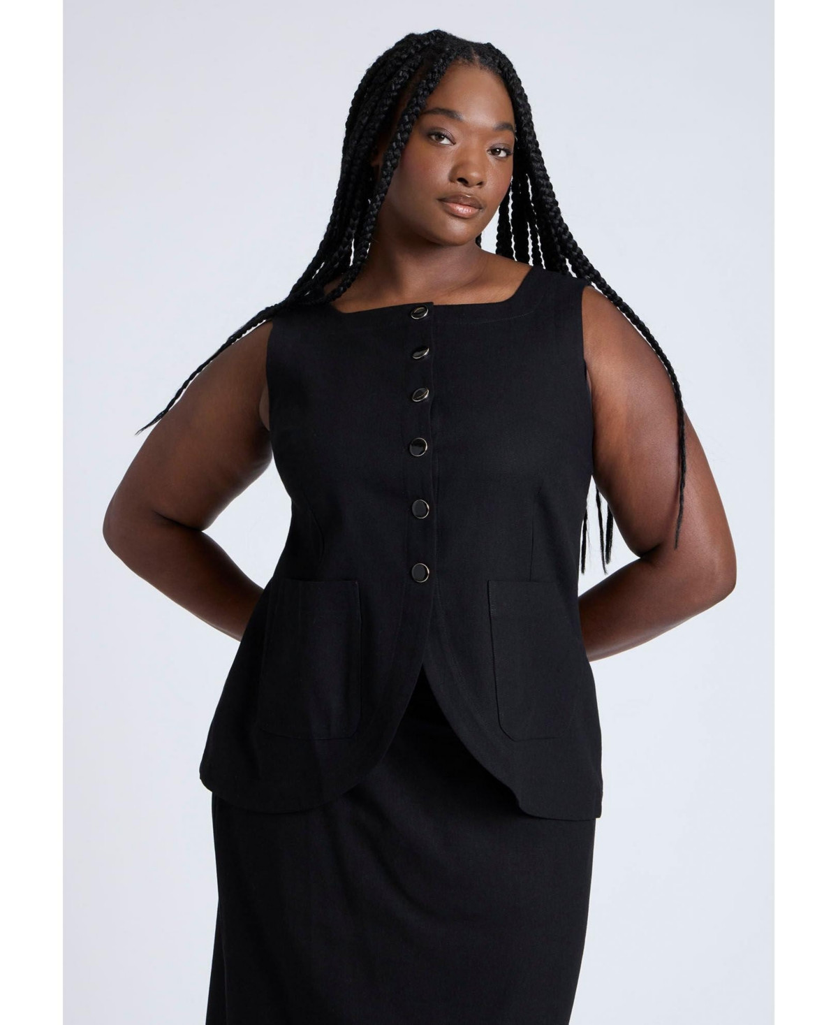 Eloquii Women's Plus Size Square Neck Scoop Hem Linen Blend Vest - Black onyx | Macy's