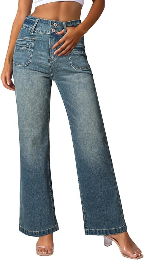 Sidefeel Women's Wide Leg Jeans High Waisted Tummy Control Stretchy Pockets Front Zimbaplatinum J... | Amazon (US)