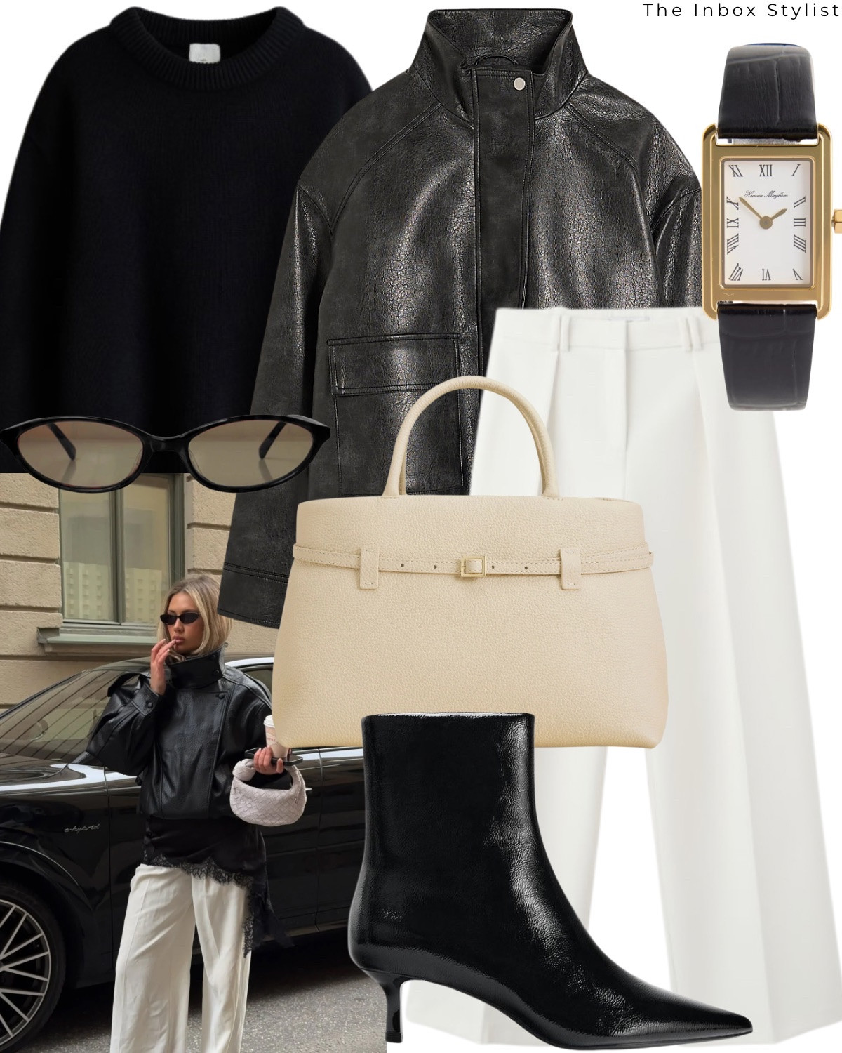The cool girl outfit. 

Including leather jacket, black knit jumper, gold and black watch, white handbag, cat eye sunglasses, white tailored trousers, black heeled boots  

#LTKstyletip #LTKuk #LTKwinter