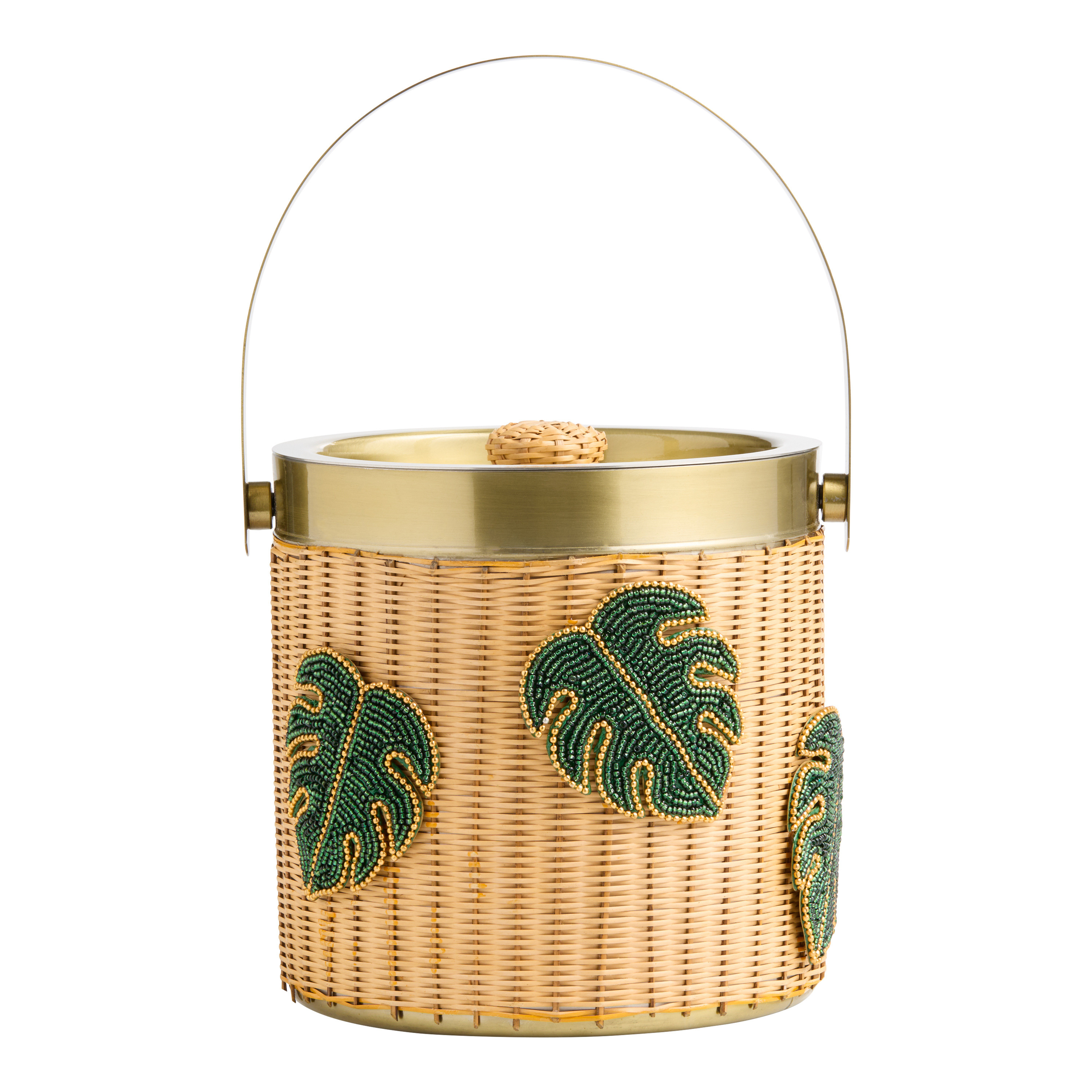 Gold Stainless Steel and Rattan Monstera Leaf Ice Bucket - World Market | World Market