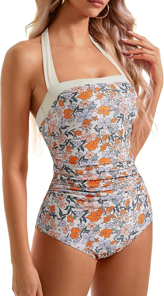SUUKSESS Women Sexy Tummy Control One Piece Swimsuit Halter Retro Bathing Suit | Amazon (US)