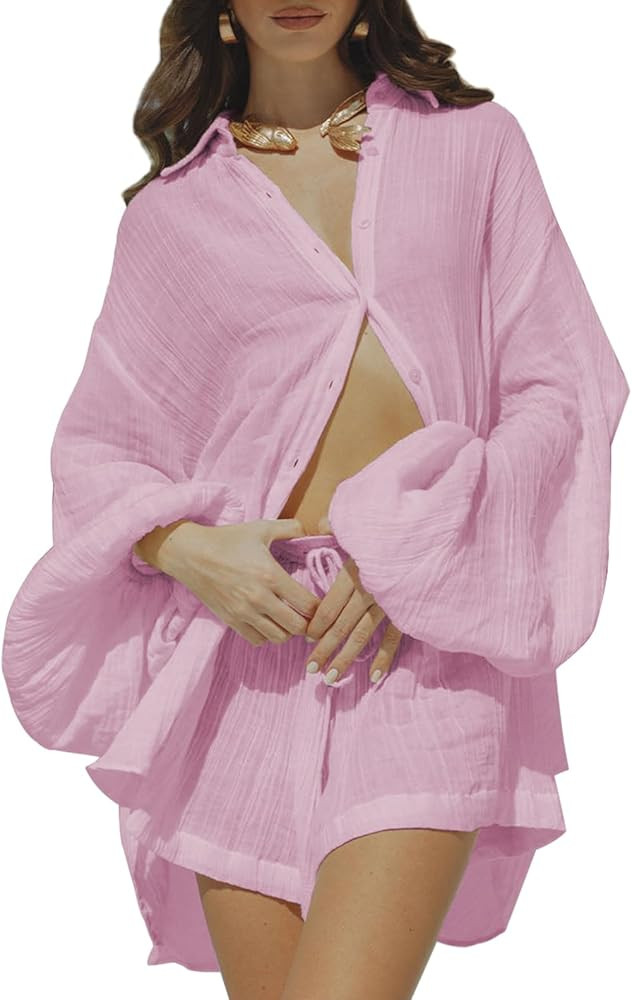 Fixmatti Women 2 Piece Outfits Summer Shorts Sets Lantern Sleeve Button Down Shirt and Shorts Swe... | Amazon (US)