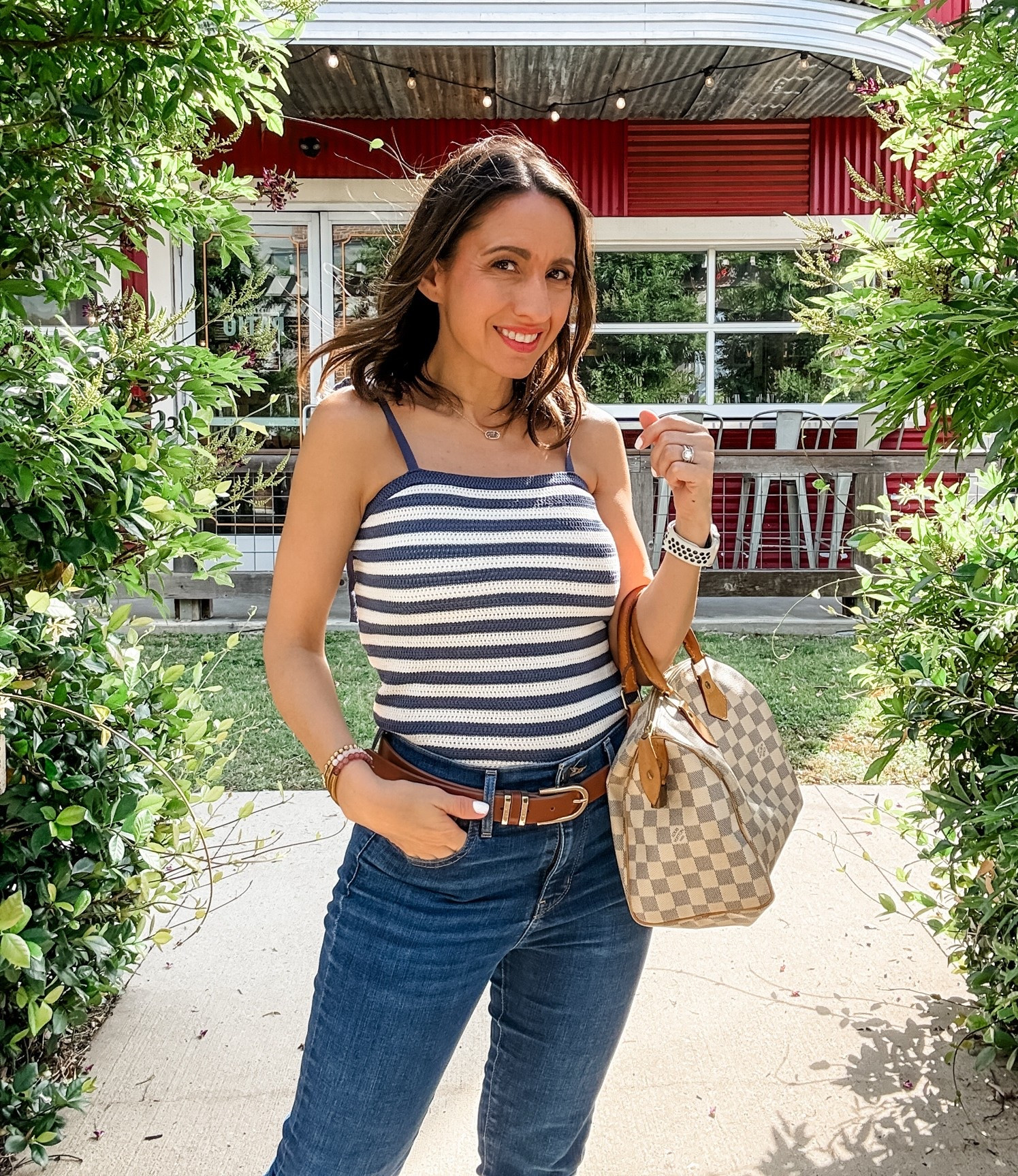 Summer style. 
Blue and white stripe tank top with tie straps. I really like this detail. It makes the straps adjustable. 
Top runs true to size. 
Levi’s jeans. Love the fit. They run true to size, and they will need to be hemmed if you’re 5’0 tall. 
Petite style 
Petite

#LTKOver40 #LTKPetite #LTKootd