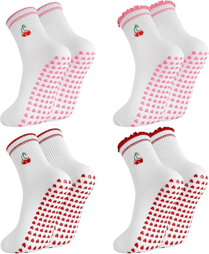 Zuimei 4 Pairs Cute Pilates Socks with Grips Non Slip Ruffle Yoga Reformer Socks Cuff Embroidery ... | Amazon (UK)