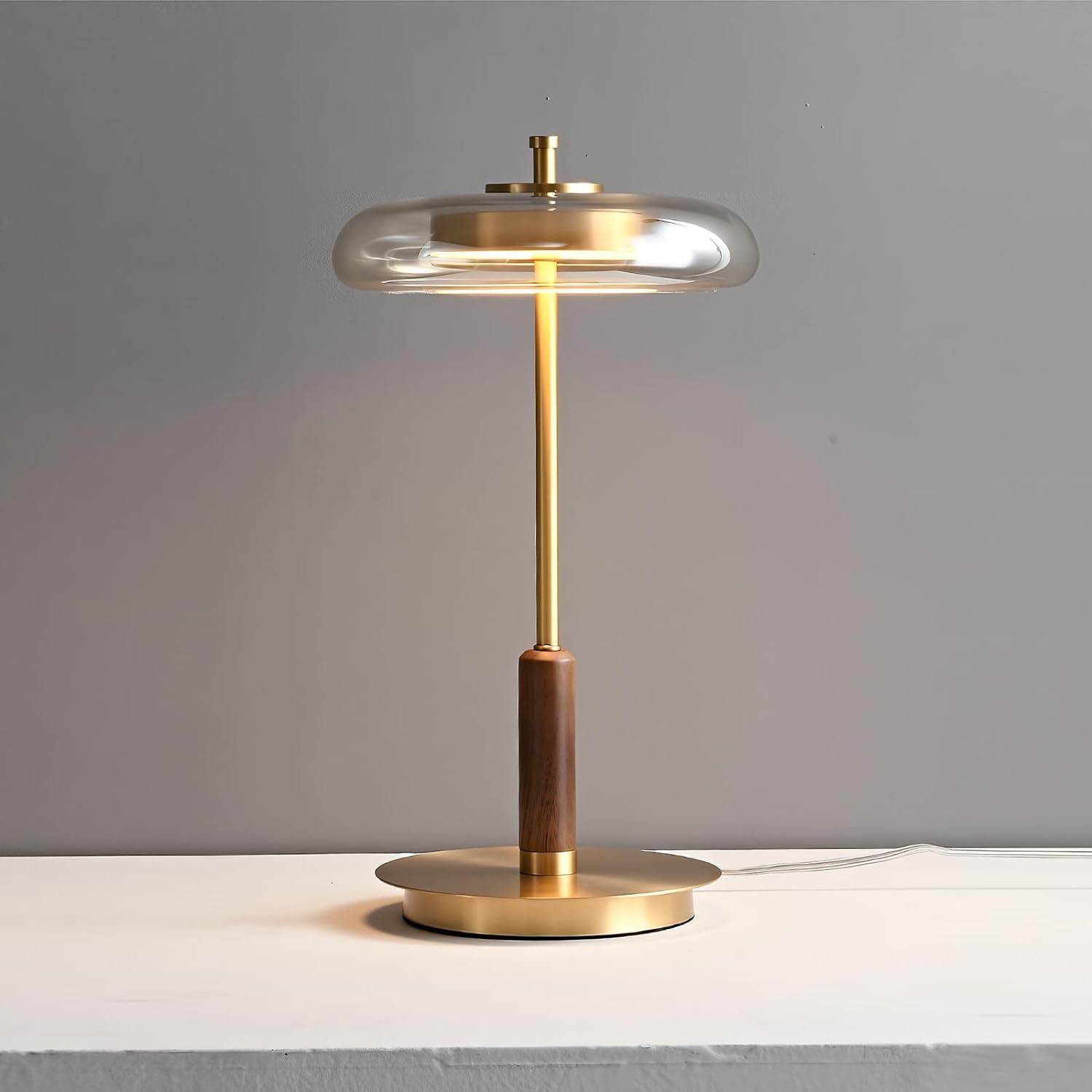 PURESILKS Gold Desk Lamp Modern Minimalist Bedside Lamps,Round Glass lampshade, Walnut Brass lamp... | Amazon (US)