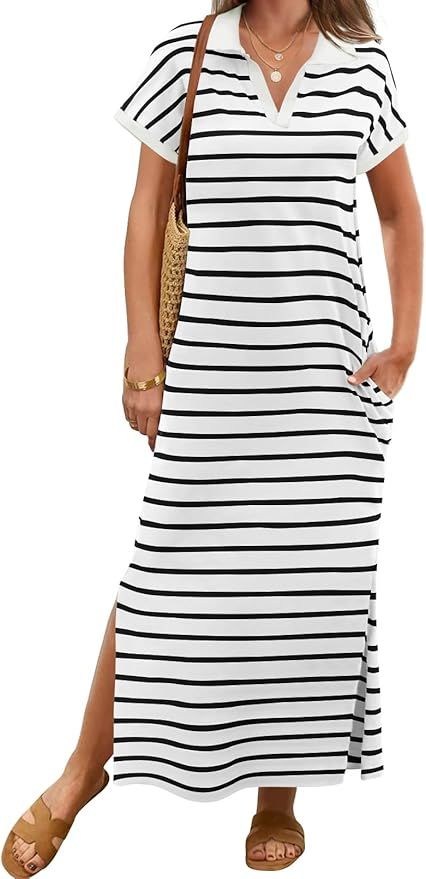 MEROKEETY Women's Summer Striped Short Sleeve Dress V Neck Collared Side Slit Casual Beach Maxi D... | Amazon (US)