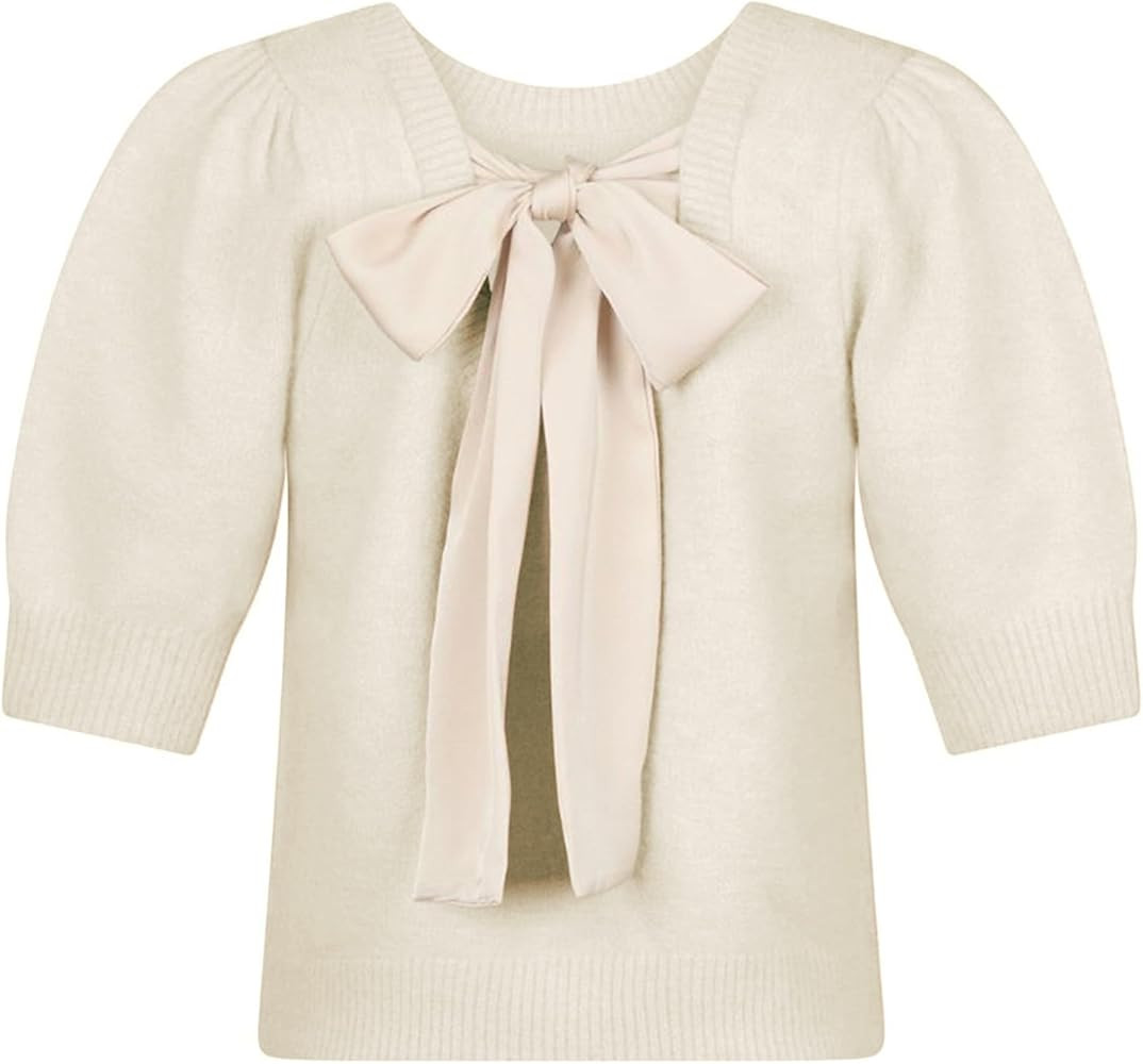 Springrain Bow Sweater Women Casual Puff Short Sleeve Crew Neck Tie Back Knit Pullover Tops | Amazon (US)