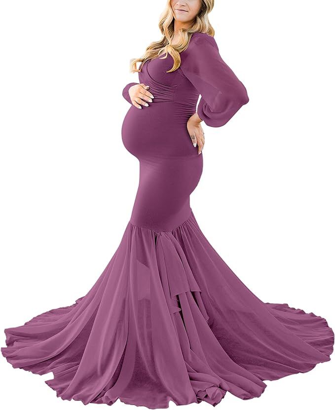 Saslax Long Chiffon Sleeve Tired Mermaid Maternity Dress for Photoshoot Photography Baby Shower | Amazon (US)