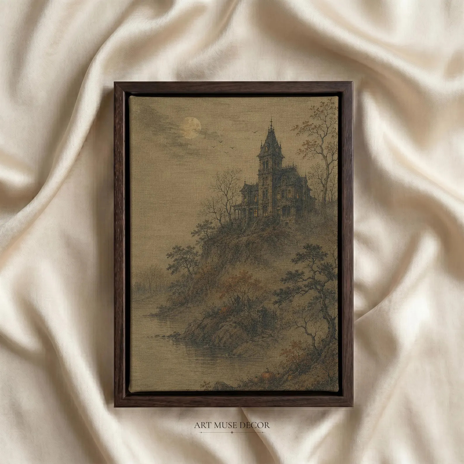 Haunted House Antique Textile Print: Halloween Landscape Painting, Fall Decor | Etsy (Global)