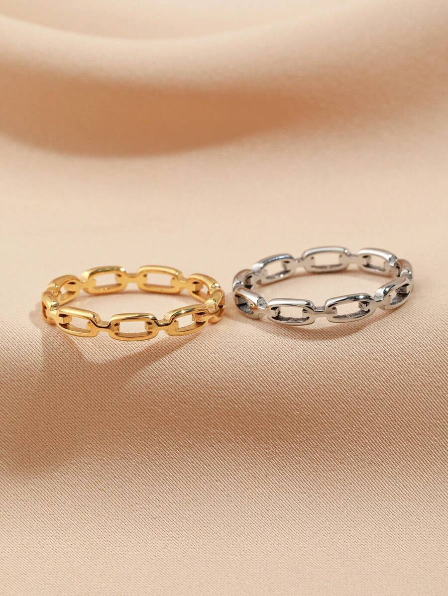 2pcs Stainless Steel Fashionable And Simple Style Women's Golden And Silver Rectangular Hollow Ri... | SHEIN