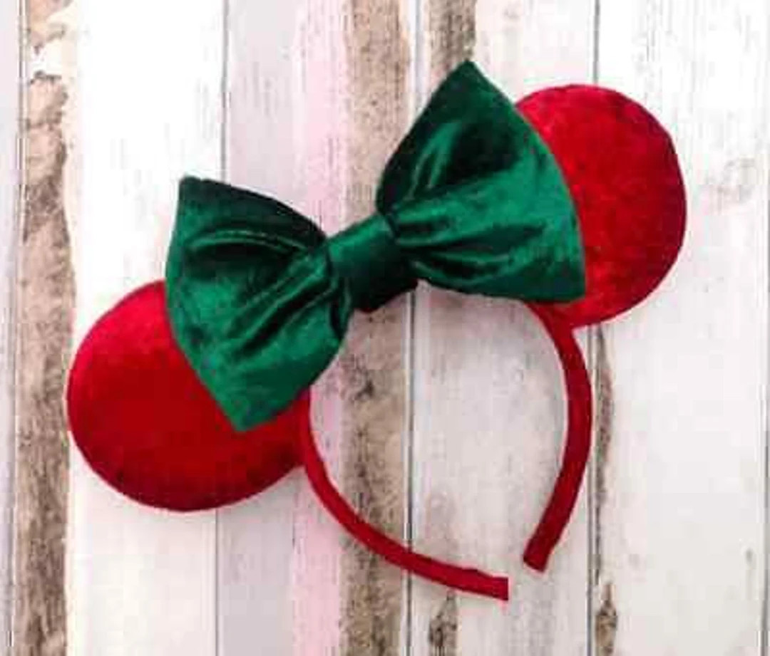 Disney Minnie Mouse Ears Inspired Headband Luxury Red Velvet Green Bow Holiday Christmas - Etsy | Etsy (US)