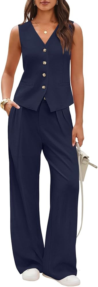 MEROKEETY Women's 2 Piece Outfits Summer 2026 Sleeveless V Neck Suit Vest Wide Leg Pants Business... | Amazon (US)