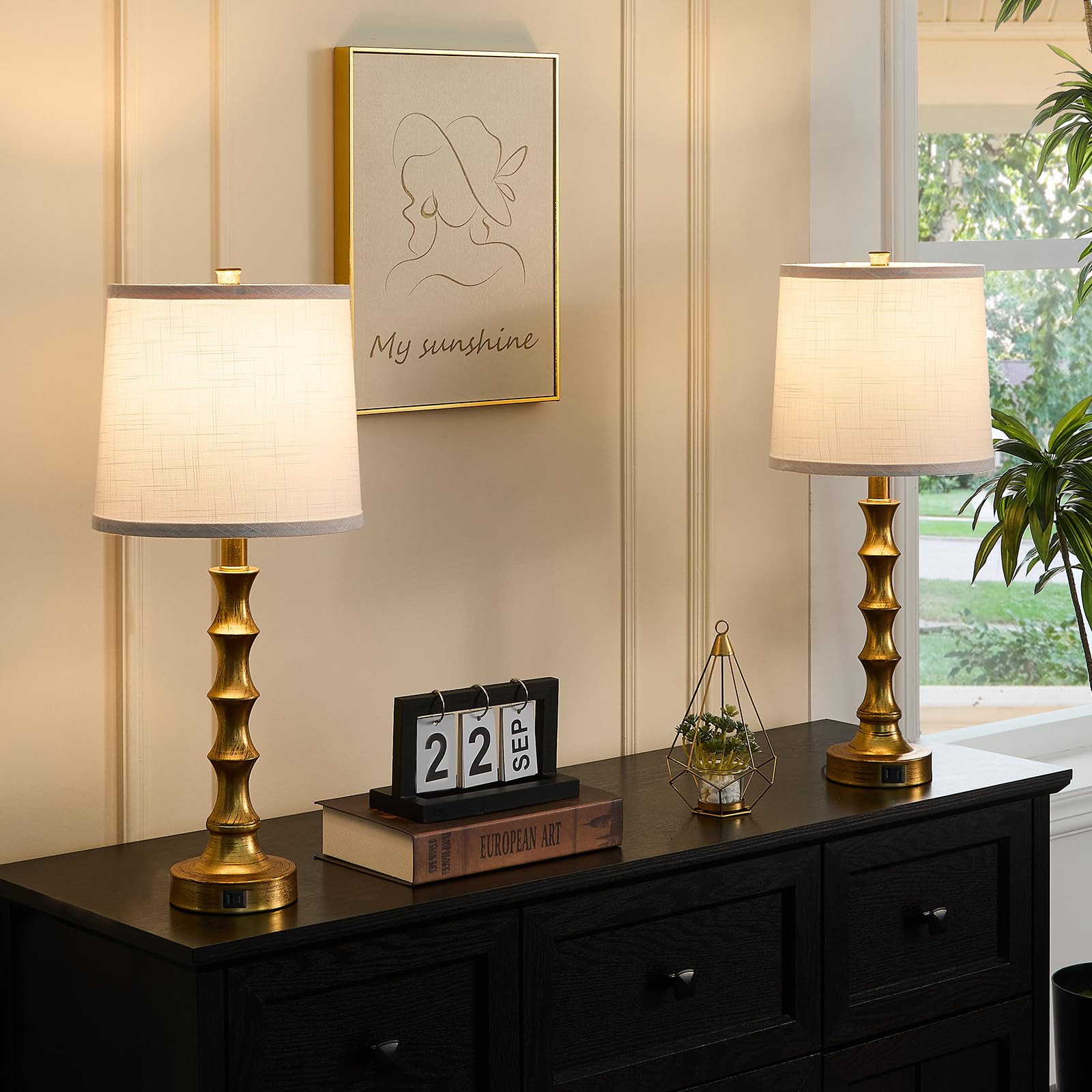 Gold Table Lamp 24" Nightstand Lamps Set of 2 Bamboo Shape Base Metal Desk Lamps with Linen White... | Amazon (US)