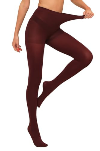 HA WA Womens Opaque Red Tights, 70D Winter Nylons Sheer Burgundy Pantyhose Control Top Tights for Women(T300 Wine Red M) | Amazon (US)