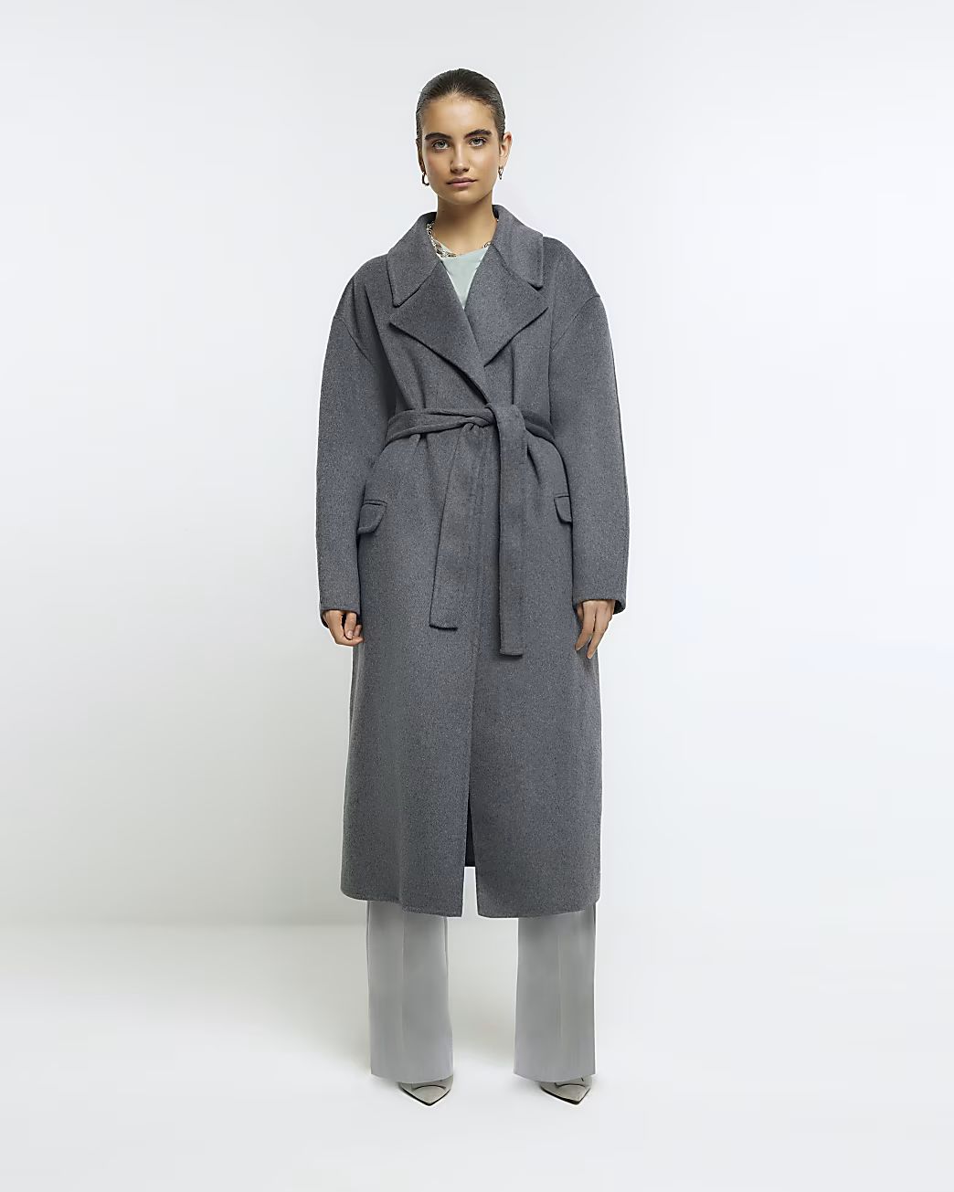 Grey wool blend belted coat | River Island (UK & IE)