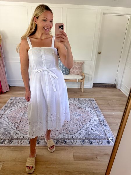 The cutest white dress! Love the thicker straps and it has functional buttons. It’s a little sheer but I feel comfortable wearing my neutral undergarments - I’m wearing a medium. Graduation dress, Mother’s Day dress 

#LTKstyletip #LTKmidsize #LTKSeasonal