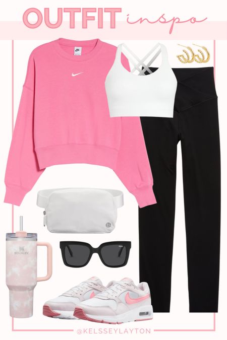 Outfit idea, Nike sweatshirt, pink sweatshirt , black leggings, Stanley cup, belt bag 

#LTKitbag #LTKsalealert #LTKunder50