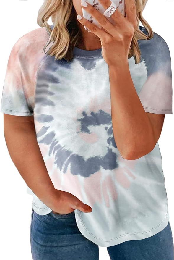 Happy Sailed Womens Plus Size Tie Dye Printed Tops Casual Short Sleeve Round Neck Colorblock Tee ... | Amazon (US)