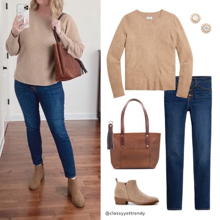An easy Fall capsule wardrobe outfit with neutral tones: a soft sweater, dark wash jeans and ankle boots.  My sweater and jeans are on sale in the @jcrewfactory early Black Friday sale and my boots are less than $20!

I completed my outfit with my @goforthgoods Avery Medium Tote in the “saddle” color with “mocha” color handles and added “mocha” tassel.  The full grain leather and workmanship on this tote is impeccable!  I’ll be carrying this bag for many years!  Get 25% off your order with my exclusive discount code “CLASSYYETTRENDY25”!