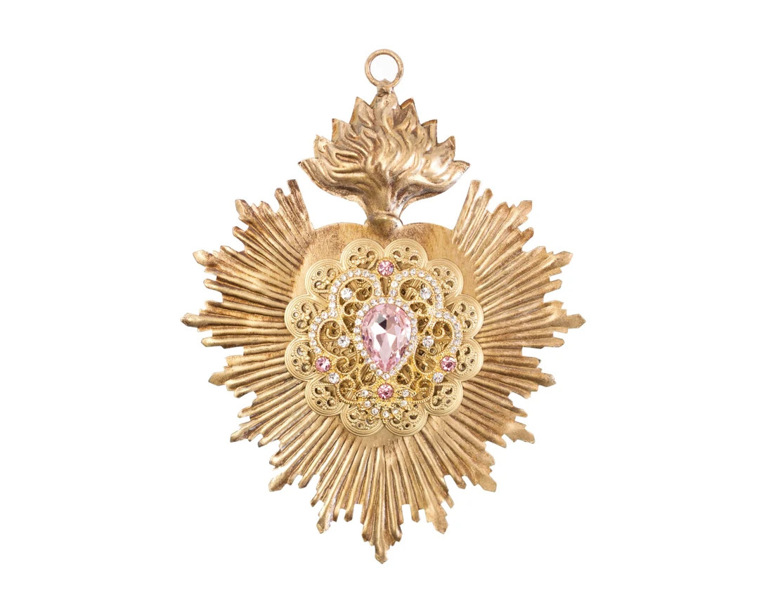 Sacred Heart, Milagro Heart, Gold Heart with Pink Rhinestones, Catholic Heart, Radiant Heart | Etsy (US)