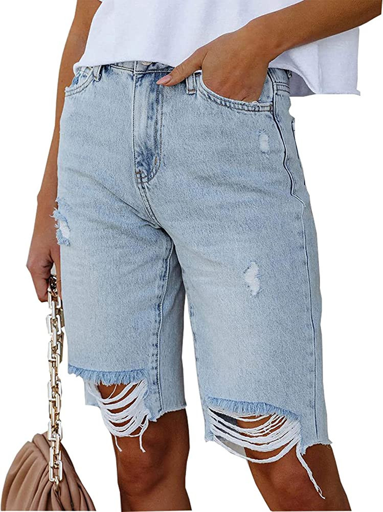 LONGBIDA Women's Jean Shorts High Waisted Denim Ripped Bermuda Shorts Distressed Knee Length Stre... | Amazon (US)