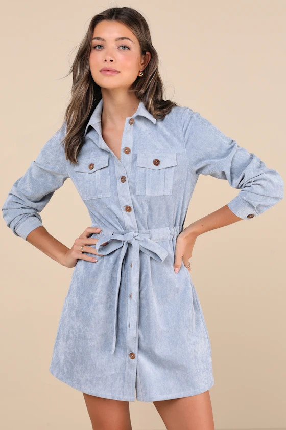 Simple Affection Blue Corduroy Mini Dress With Pockets | Lulus