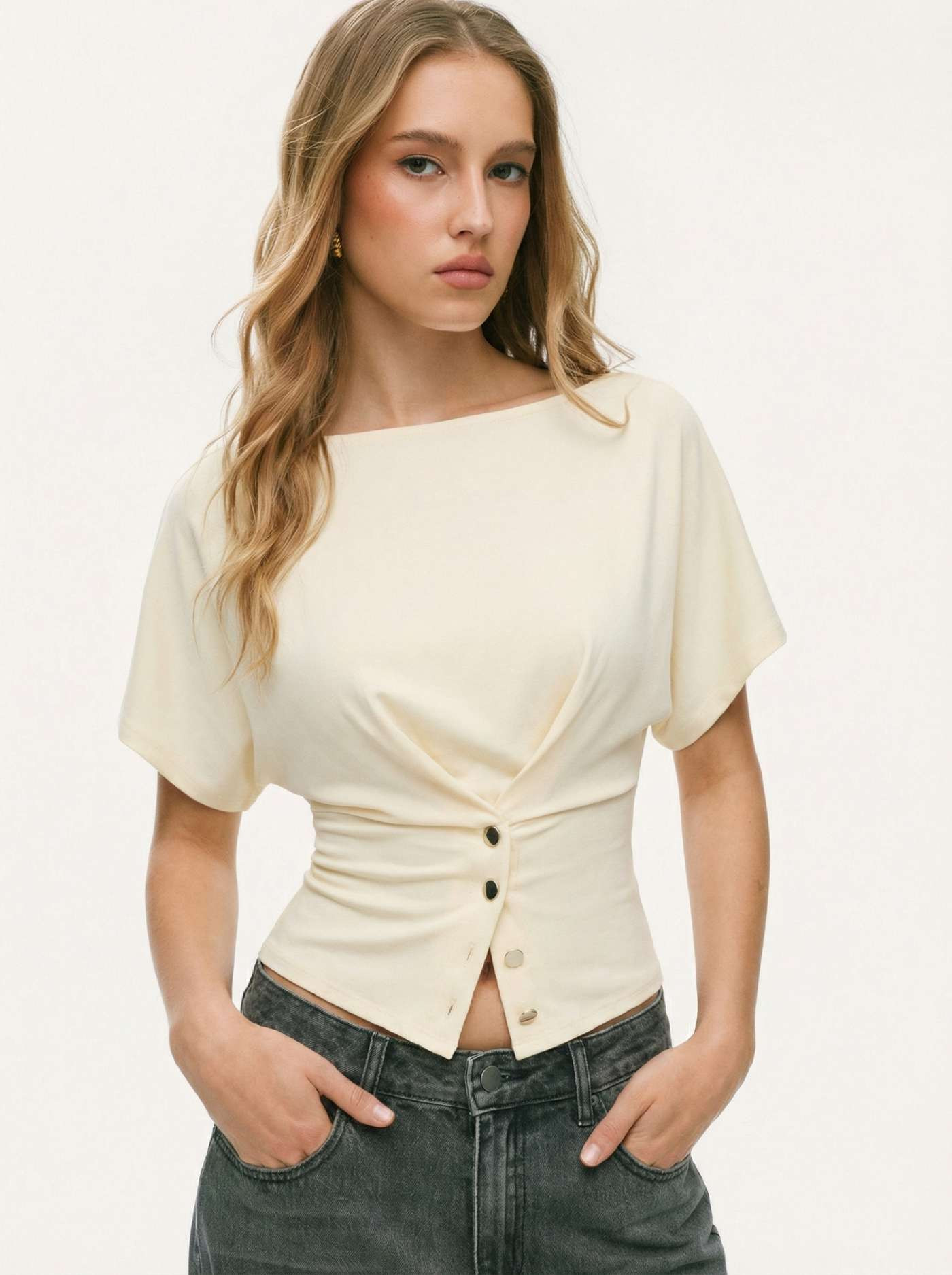 Batwing Sleeve Boat Neck Button Detail Tee | Cider