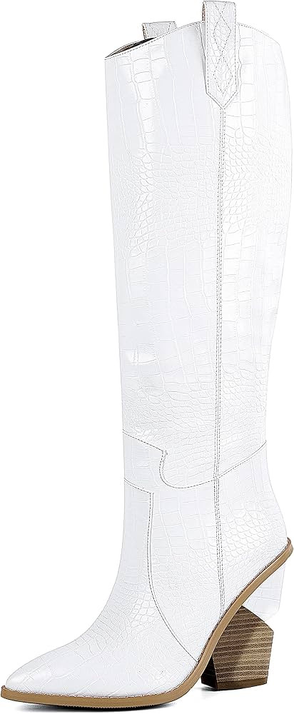 SOPHITINA White Cowgirl Boots Womens Knee High Western White Boots Almond Round Toe Stacked Chunk... | Amazon (US)