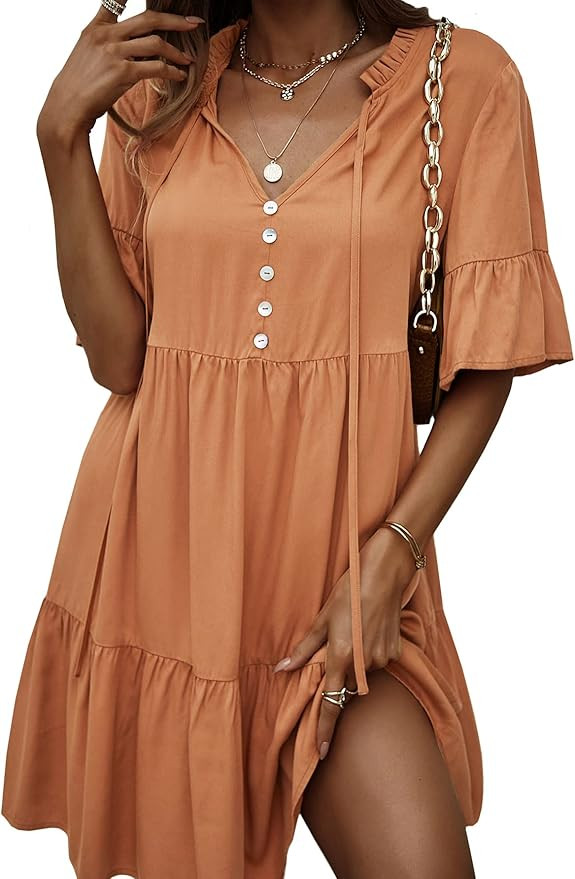 GAOVOT Women's Casual Babydoll Dresses Ruffle V Neck Drawstring Neck Tie Flared Short Sleeves Sum... | Amazon (US)