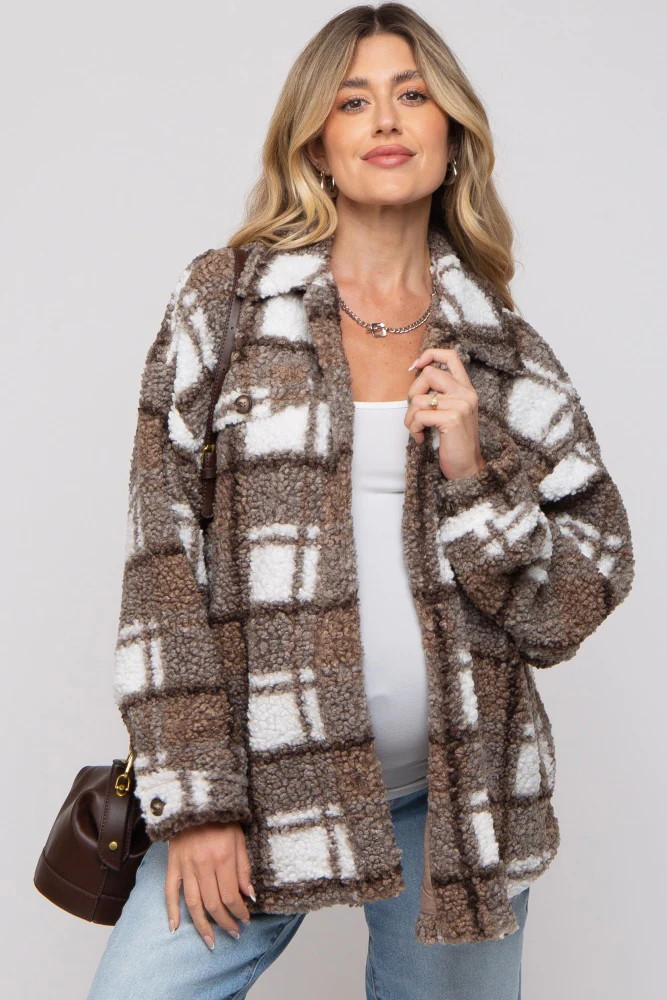 Brown Plaid Sherpa Maternity Jacket | PinkBlush Maternity