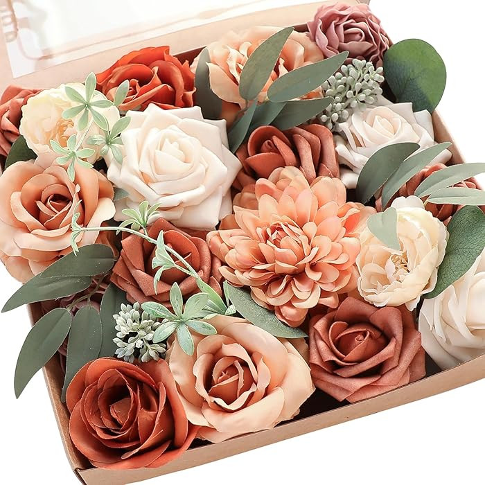 Floroom Terracotta Artificial Flowers Burnt Orange Fake Roses Peonies Dahlia Greenery Combo Box S... | Amazon (US)