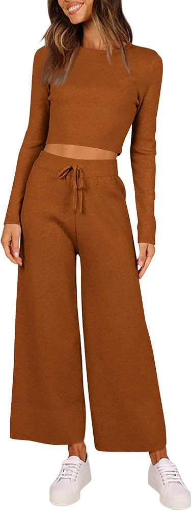 Tankaneo Womens 2 Pieces Outfits Long Sleeve Cropped Top Wide Leg Pants Knit Sets Lounge Pajamas ... | Amazon (US)