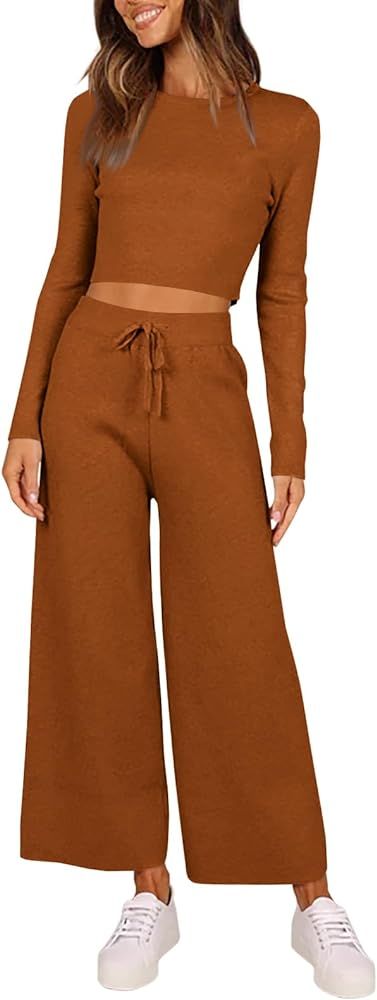 Tankaneo Womens 2 Pieces Outfits Long Sleeve Cropped Top Wide Leg Pants Knit Sets Lounge Pajamas ... | Amazon (US)
