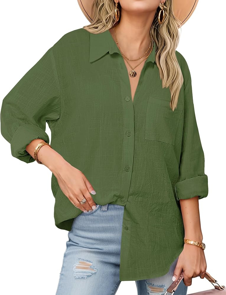 Zeagoo Womens Button Down Shirts Long Sleeve Cotton Gauze Tops Casual Collared Blouses Loose Fit | Amazon (US)