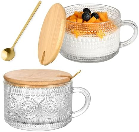 Vintage Glass Coffee Mugs 2 Set, 14oz Overnight Oats Containers with Bamboo Lids and spoon, Glass... | Amazon (US)