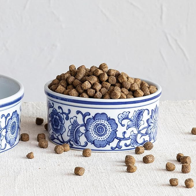Creative Co-Op, Blue Stoneware Pet Bowl with Design, White, 3-3/4 Cup | Amazon (US)