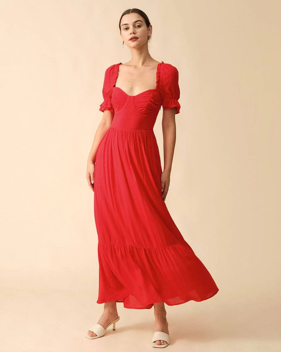 The Backless Tie Puff Sleeve Dress & Reviews - Red - Dresses | RIHOAS | rihoas.com