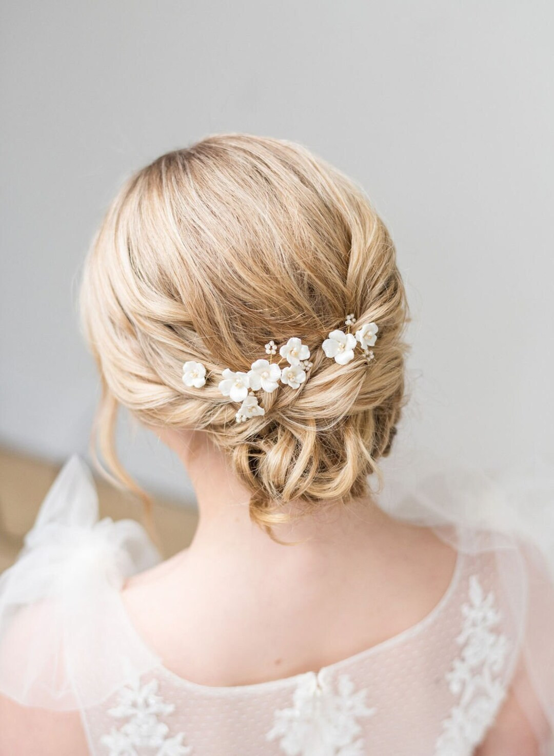 Wedding Hair Pin with Porcelain Flowers, Floral Bridal Hair Pins, Freshwater Pearl Flower Hair Pi... | Etsy (US)